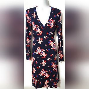 Border Long Sleeve Floral Print Midi Wrap Dress